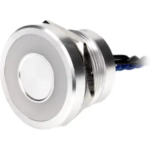 Botão interruptor piezoeléctrico anti-vandalismo unipolar SPST-NO OFF-(ON) 24V 0.2A IP68 - prateado - anel luz azul - Onpow PS225P10YNT1B12VL