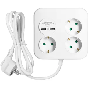 Bloco de tomadas quadrado 3x2P+E (Schuko) com carregador USB, 2xUSB-A - 1.4m