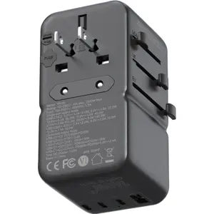 Adaptador de viagem Universal (s/ terra) c/ 1x USB-A + 3x USB-C (140W)