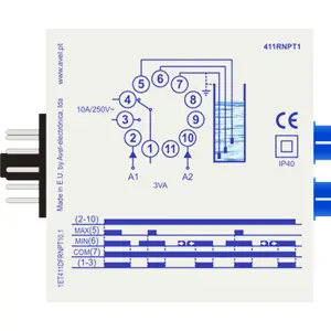 Relé de nivel para control de vaciado con rearme temporizado (2-60min) y ajuste de sensibilidad - Plug-In (11 pines) 230VAC