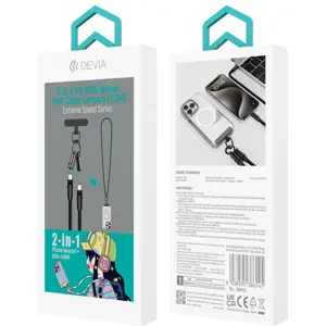 Cabo colar (lanyard) de suporte de telemóvel 2-em-1 USB-C ⇿ USB-C 60W - Preto - 1.2m