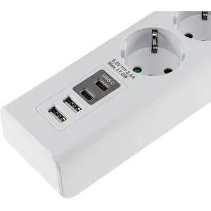 Bloco de 3 tomadas c/ 2xUSB-A + 2xUSB-C + interruptor - cabo (3x1.5mm²) 1.5m