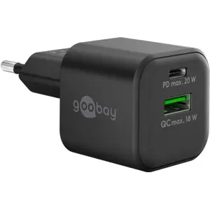 Cargador GaN 1×USB-A QC + 1×USB-C PD (20W) - Negro
