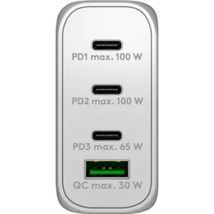 Cargador GaN 1×USB-A QC + 3×USB-C PD (100 W) - Blanco