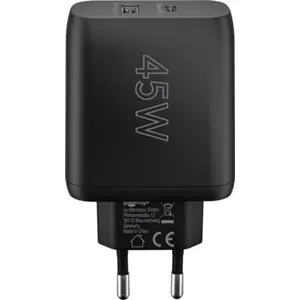 Cargador GaN 1×USB-A + 1×USB-C PD (45W) - Negro