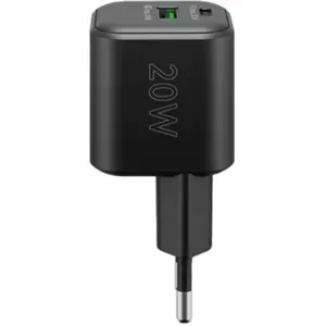 Cargador GaN 1×USB-A QC + 1×USB-C PD (20W) - Negro
