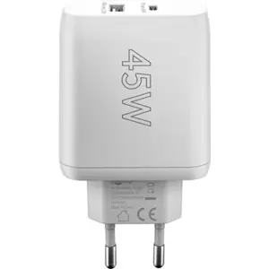 Carregador GaN 1×USB-A + 1×USB-C PD (45W) - Branco