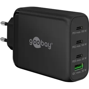 Cargador GaN 1×USB-A QC + 3×USB-C PD (100W) - Negro