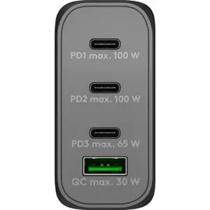 Cargador GaN 1×USB-A QC + 3×USB-C PD (100W) - Negro