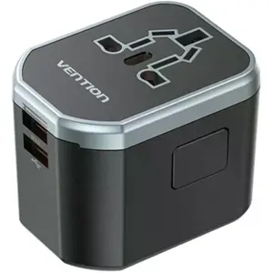 Adaptador de viagem Universal (s/ terra) c/ 2x USB-A + 1x USB-C (20W)