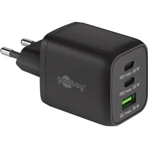 Cargador GaN 1×USB-A QC + 2×USB-C PD (65W) Nano - Negro