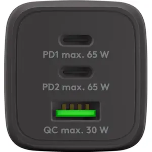 Cargador GaN 1×USB-A QC + 2×USB-C PD (65W) Nano - Negro
