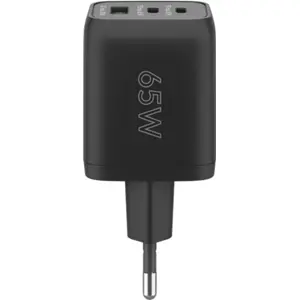 Cargador GaN 1×USB-A QC + 2×USB-C PD (65W) Nano - Negro