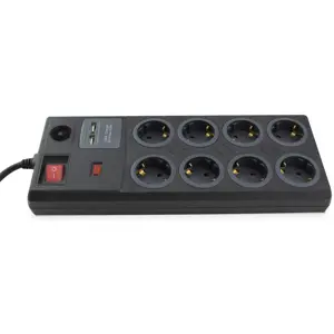 Bloco de 8 tomadas c/ 2xUSB + interruptor + proteção contra sobrecarga - Preto - cabo (3x1.5mm²) 1.4m