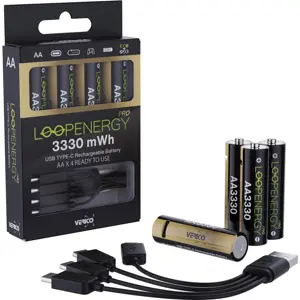 Conjunto de 4 Baterias Li-Ion recarregáveis via USB-C - AA 1.5V 3330mWh