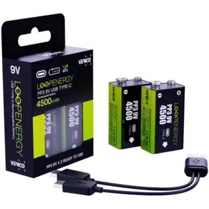 Conjunto de 2 Baterias Li-Ion recarregáveis via USB-C - 6F22 9V 4500mWh