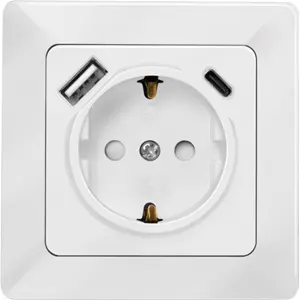 Tomada de embutir universal Schuko fêmea c/ USB-A 2.1A + USB-C 18W PD - Branco