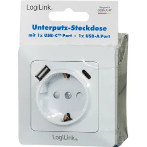 Tomada de embutir universal Schuko fêmea c/ USB-A 2.1A + USB-C 18W PD - Branco