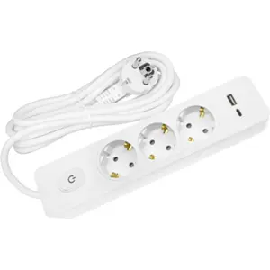 Bloco de 3 tomadas c/ USB A+C 3A PD 20W + interruptor - cabo (3x1.5mm²) 3.0m