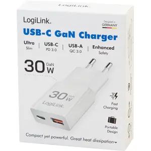Carregador 30W GaN USB-C (PD) + USB-A (QC)