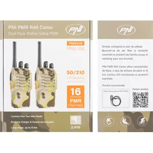 Kit de 2 Walkie-talkies camuflados 16 canais PMR446 10km c/ auscultadores + base de carregamento