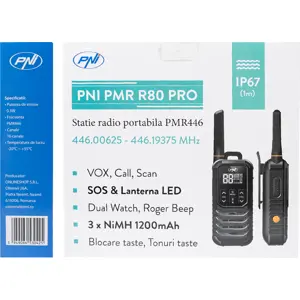 Kit de 2 Walkie-talkies 16 canais PMR446 10Km SOS/VOX c/ Lanterna + base de carregamento - IP67