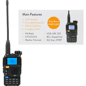 Rádio estação portátil VHF/UHF dualband 5W 200 canais - FM / VOX - recarregável