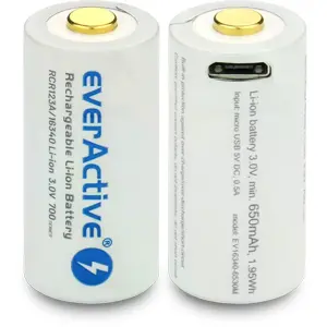 Bateria 16340 (CR123) 3.0V 700mAh recarregável por Micro-USB c/ LED de estado - Li-ion