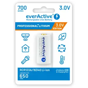 Bateria 16340 (CR123) 3.0V 700mAh recarregável por Micro-USB c/ LED de estado - Li-ion