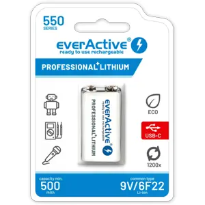 Bateria Li-Ion 6F22 9V (7.4V) recarregável por USB-C - 550mAh