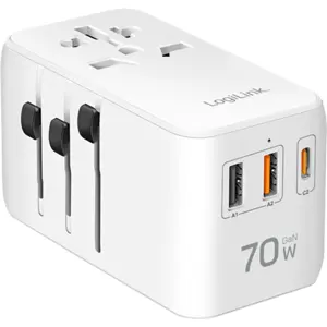 Adaptador de viagem Universal (s/ terra) c/ 2x USB-A + 1x USB-C + 1x cabo USB-C (70W)