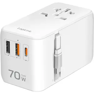 Adaptador de viagem Universal (s/ terra) c/ 2x USB-A + 1x USB-C + 1x cabo USB-C (70W)