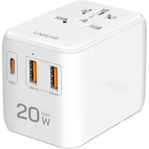 Adaptador de viagem Universal (s/ terra) c/ 2x USB-A + 1x USB-C (20W)