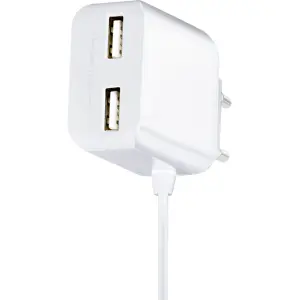 Carregador 2x USB-A + cabo micro-USB fixo (100–240VAC -> 5VDC 2.1A) - 1.0m Branco