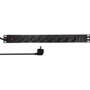 Bloco PDU de 8 tomadas para rack bastidor 19'' 1U c/ proteção contra sobrecarga e 2 portas USB-A
