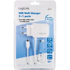 Carregador 2x USB-A + cabo micro-USB fixo (100–240VAC -> 5VDC 2.1A) - 1.0m Branco
