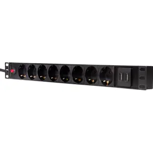 Bloco PDU de 8 tomadas para rack bastidor 19'' 1U c/ proteção contra sobrecarga e 2 portas USB-A