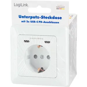 Tomada de parede Schuko 230VAC 16A c/ 2x USB-C PD 3.0 (25W máx.)
