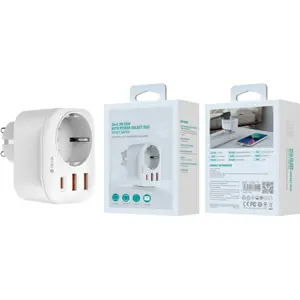 Carregador 20W 2×USB-A + 1×USB-C PD (3A) c/ saída Schuko