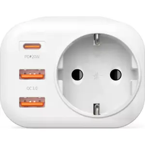 Carregador 20W 2×USB-A + 1×USB-C PD (3A) c/ saída Schuko