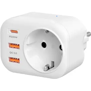 Carregador 20W 2×USB-A + 1×USB-C PD (3A) c/ saída Schuko