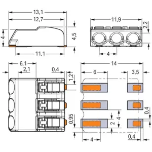 Ligador Rápido para PCB 3 conexões (0.2..0.75mm²) Unifilares - SMD p/ soldar