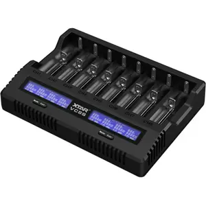 Carregador 8 baterias Li-ion/NiMH c/ carregamento inteligente e modos de medição
