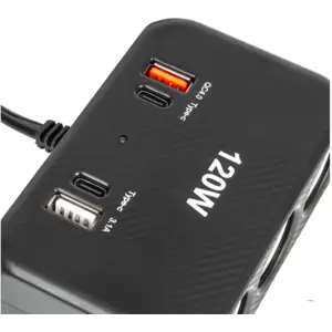 Distribuidor de isqueiro 12/24VDC de 3 saídas c/ 3xUSB-A + 2xUSB-C PD + leitor voltagem