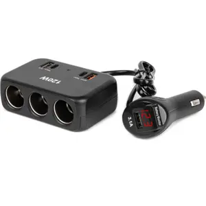 Distribuidor de isqueiro 12/24VDC de 3 saídas c/ 3xUSB-A + 2xUSB-C PD + leitor voltagem