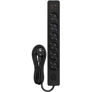Bloque 6 tomas con interruptor + USB-A/C 3A PD 20W - cable (3x1.5mm²) 1.5m - negro
