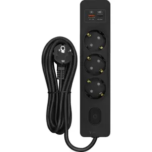 Bloque de 3 tomas con interruptor + USB-A/C 3A PD 20W - cable (3x1.5mm²) 3 m - negro