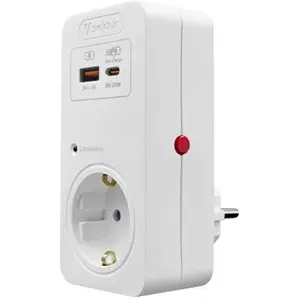 Tomada Schuko pass-through c/ proteção + USB-A/C 3A PD (20W) 250V