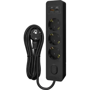 Bloque de 3 tomas con interruptor + USB-A/C 3A PD 20W - cable (3x1.5mm²) 3 m - negro