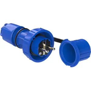 Ficha Schuko macho c/ tampa de proteção estanque 250VAC 16A IP66/68 Azul